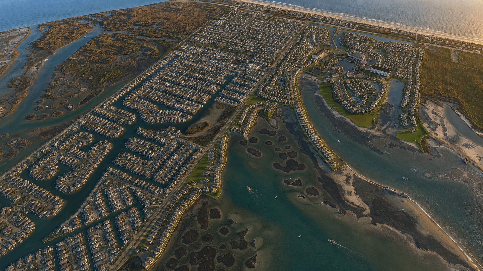 Golden-hour aerial of the Discovery Sands canal community, boats at their docks along the channels with the Gulf beyond.