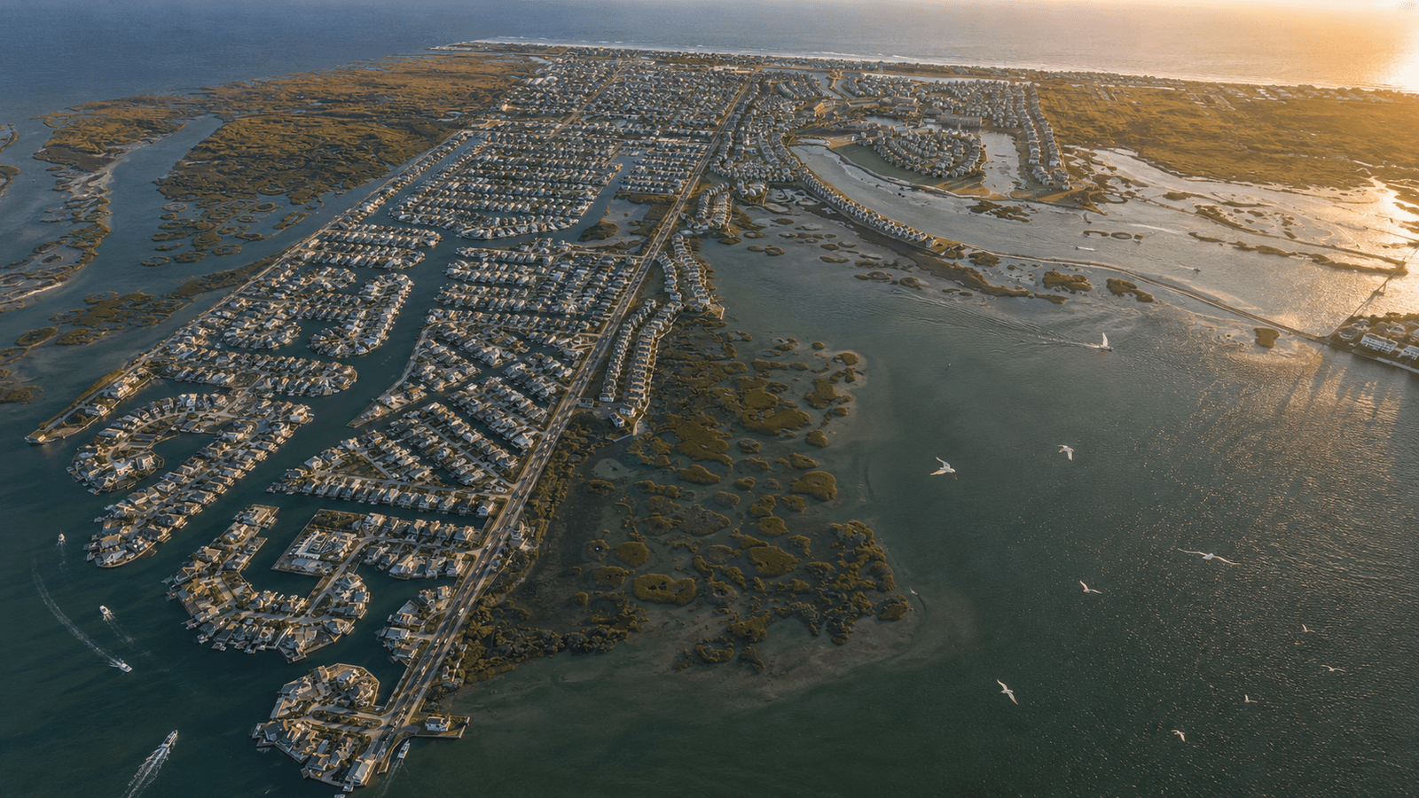 Golden-hour aerial of the Discovery Sands canal community reaching across marsh and bay toward the Gulf, with boats at their docks and shorebirds in flight.