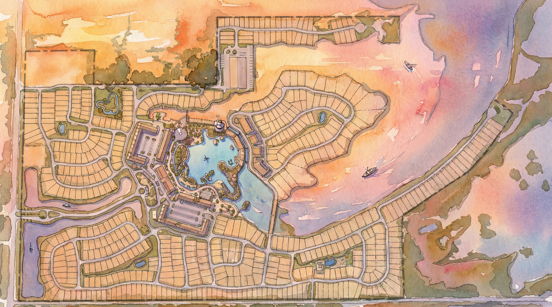 Watercolor masterplan of Discovery Sands: residential lots gathered around a central marina and town center, with channels reaching out toward the bay under a warm peach sky.